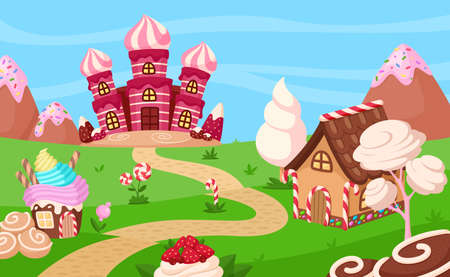 Sweet candy game location. Chocolate candies, biscuits home and dessert cartoon castle. Kids gaming background, fairy tale garish vector panoramaのイラスト素材