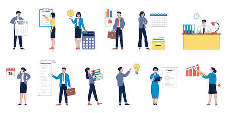 Financial assets expert. Financial company accounts, tax and money calculator. Isolated economy management characters, accounters recent vector setのイラスト素材