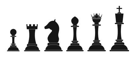 Black chess pieces. Queen pawn and king isolated. Chessboard elements, abstract professional table game horse, knight recent vector iconsのイラスト素材