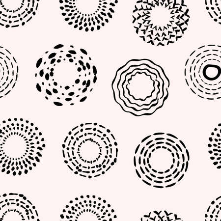 Simple brush stroke circles seamless pattern. Abstract contemporary grunge background, black dirty...