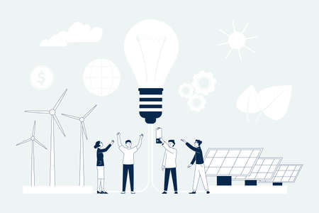 Green power energy. People use wind and sun for powers, solar panels and windmills. Ecology city concept, eco industry technology recent vector sceneのイラスト素材