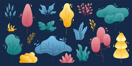 Minimal nature elements. Flat tree and leaves, simple coniferous deciduous bushes. Trendy colorful...