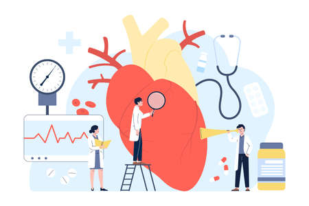 Cardiology diagnostic concept with tiny doctors and nurse. Cardiologist look at patient heart before...