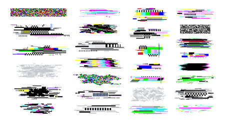 Digital decay elements. Television glitch effects, screen white noise and censored textures. Geometric darkness bright glitches. Pixel error racy vector setのイラスト素材