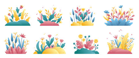 Abstract flower composition. Botanical cool flowers decorative collage. Trendy inspirational elements, swanky organic art plants in contemporary style vector setのイラスト素材