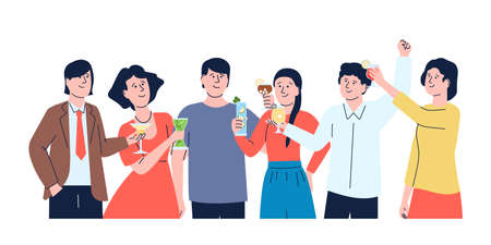 Friends clink glasses cocktails on party. Teen togetherness, drinking alcohol on meeting. Office colleagues event or corporate meet, recent vector charactersのイラスト素材