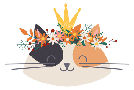 Happy cat in crown. Kitten prince head portraitのイラスト素材