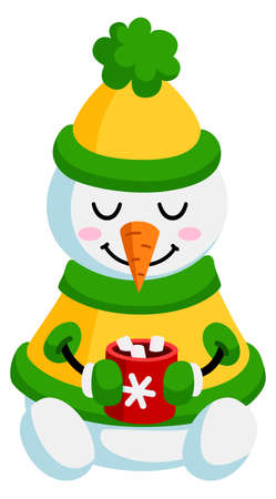 Cocoa cup marshmallow in cute snowman hands. Cartoon cozy characterのイラスト素材
