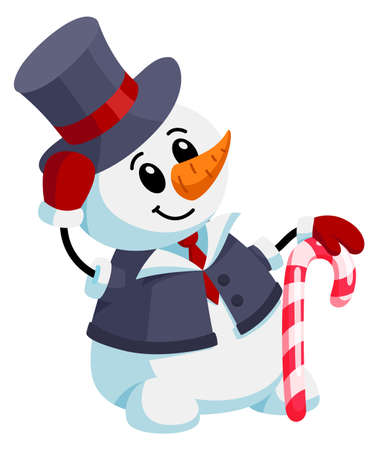 Snowman in gentleman costume with sugar cane. Cartoon characterのイラスト素材