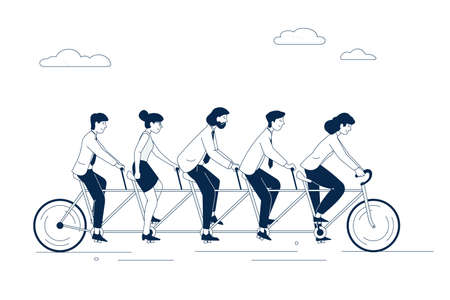 Business people on tandem bicycle. Teamwork businessman working and leadership. Cooperation creative person for generate idea. Work team recent vector metaphorのイラスト素材