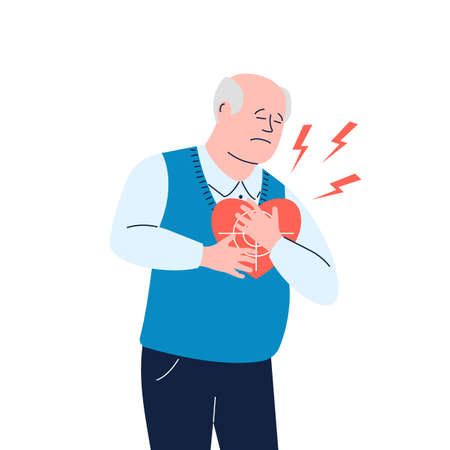 Old man hold at chest, heart attack and pain. Cardiovascular diseases, senior patient with ischemic symptoms. Stress and discomfort recent vector characterのイラスト素材