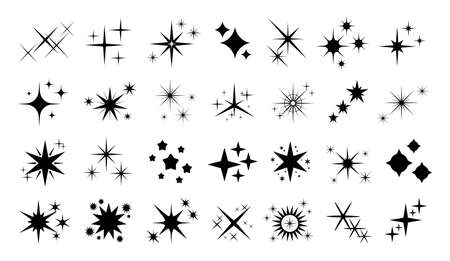 Shine stars icons, sparkling  christmas celebrate. Black star sparks shapes, isolated glow shiny icons for party or festive cards racy vector setのイラスト素材