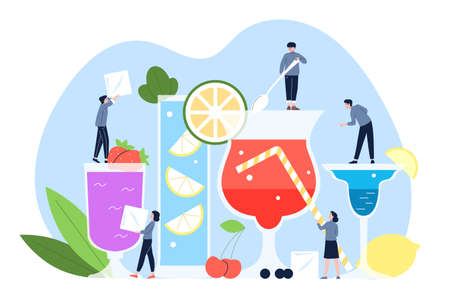 Party cocktail concept. Drinking summer martini, tiny people make various cocktails with ice cube and citrus cuts. Creative alcoholic drink recent vector sceneのイラスト素材