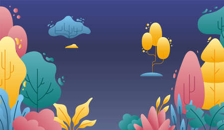 Flat minimal landscape. Abstract tree and bushes, colorful nature elements background. Simple fantasy graphic, purple swanky vector bannerのイラスト素材