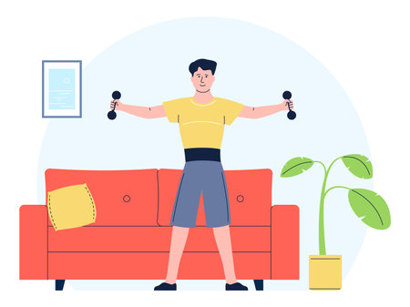 Man training at home. Active male character, fitness activity in living room. Morning exercise, health care lifestyle. Flat guy with dumbbells recent vector sceneのイラスト素材