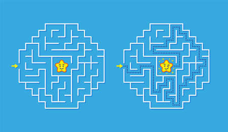 Labyrinth game way. Maze sector with confusing path. Puzzle location, explore and finding gift. Cartoon smile star, square quiz kids tidy vector playのイラスト素材