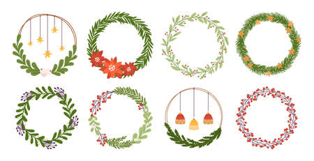 Christmas wreath fir tree branches and berries. Round evergreen party decor, xmas advent and new year festive home decorations. Winter retro racy vector graphicのイラスト素材