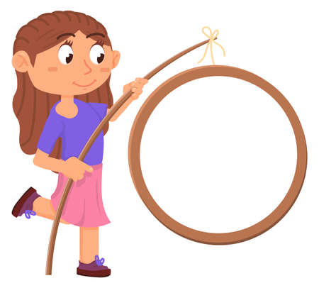 Girl holding empty wooden board. Round banner templateのイラスト素材