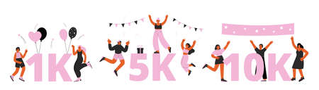 Celebrate numbers of subscribers. Happy people on party, 1k and 5k and 10k social media subscriber banners. Flat vector teens, young adults celebrating more followersのイラスト素材