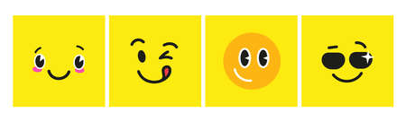 Cute cartoon faces on yellow cards. Yummy face, smile with sunglasses and embarrassed muzzle. Vector...