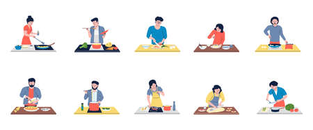 People cooking on kitchen, cutting food and cook on stove. Woman bake, student do breakfast or...