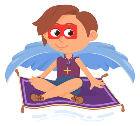 Kid flying on magic carpet. Fantasy child dreamのイラスト素材
