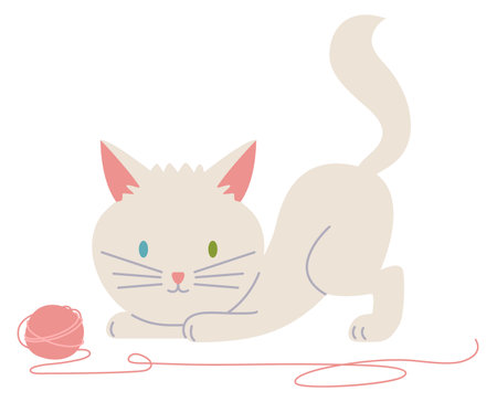 Kitten play with yarn ball. Cute white catのイラスト素材