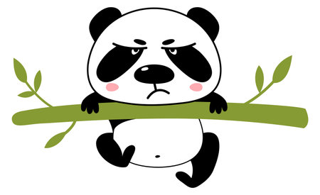 Grumpy panda on green tree branch. Cute baby animalのイラスト素材