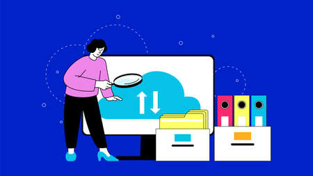 Woman looking files with magnifying glass. Digital storage and data exchange vector concept. File...