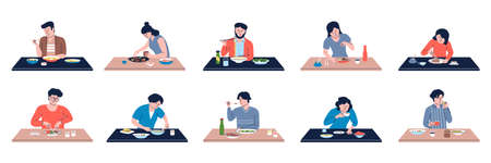 People eating and prepare food. Flat men women cooking dinner, eat breakfast or lunch. Recent students and business vector characters at desk with mealのイラスト素材