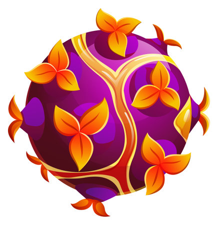 Fantasy planet with golden floral leaves. Cartoon magic universeのイラスト素材