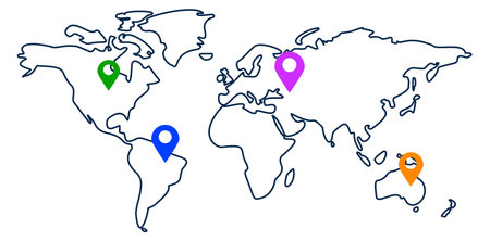 World map with geo pins. Worldwide destination points