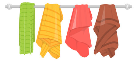Towels hanging on rack. Color cartoon bathrom clothesのイラスト素材