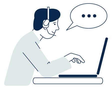 Man talking on headset. Working male person with laptopのイラスト素材