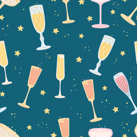 Champagne glasses seamless pattern. Party drinks, stars and dots vector background. Festive sparkle wine birthday, anniversary, new year print templateのイラスト素材