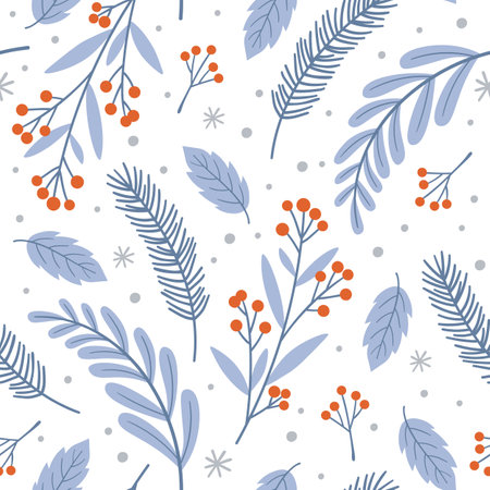 Winter floral plants seamless pattern. Christmas holiday botanical background, fir tree and berries branches and leaves. Racy seasonal fabric print vector templateのイラスト素材