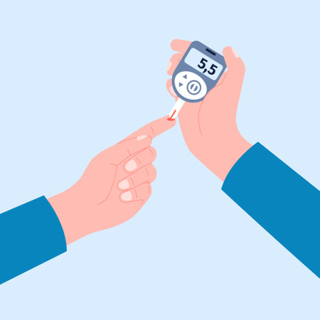 Glucose blood test doing hands with glucometer. Check sugar on diabetes, concept. Testing insulin in bloods, monitoring hyperglycemia recent vector sceneのイラスト素材