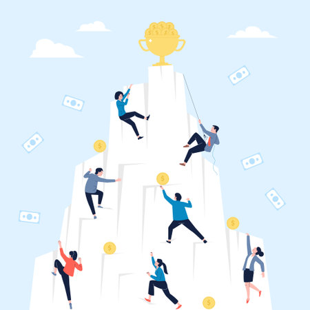 Business people climbing to success, goals and money. Corporate mountain competition, earning motivation and investment aim. Office struggling recent vector sceneのイラスト素材