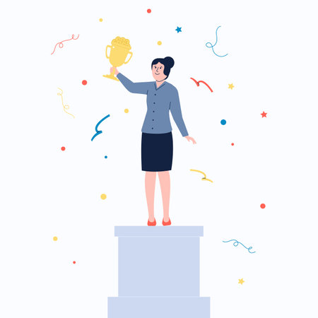 Business woman with golden cup on pedestal. Happy girl trophy, success and reward. Executive female winner, leadership champion recent vector characterのイラスト素材