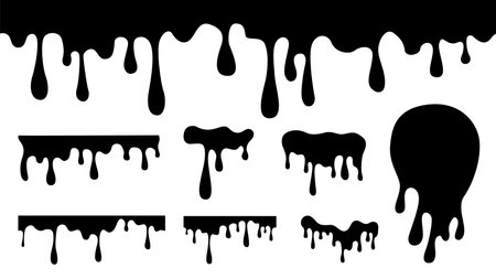 Isolated dripping shapes design. Melting ink seamless pattern. Black abstract trickles, liquid slime. Organic amorphous forms vector setのイラスト素材