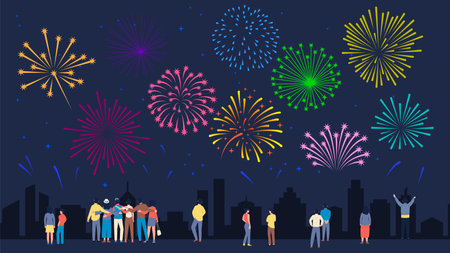 People crowd looking firework in night city. Festive time, anniversary or big party in town. Friends, couples and single person walk at evening downtown vector sceneのイラスト素材