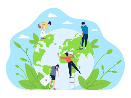 Take care ecologic of earth. Environmental global day, women ecologist support ecology and environment. Volunteers clean globe, recent vector conceptのイラスト素材