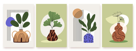 Vases posters templates. Abstract trendy geometric shapes, pots and plants. Contemporary covers with leaves in racy decorative vase, vector designのイラスト素材
