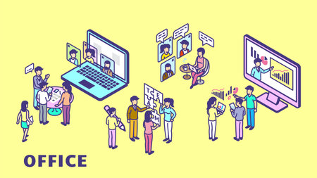 Colorful office characters, isometric business workers and education. Online meeting, teamwork and workflow process. Vector video conference conceptのイラスト素材