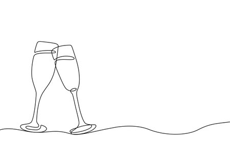 Two clinking champagne glasses one line design. Creative sparkling wine glass, continuous lines vector banner. Design for party, anniversary celebration, new year festivalのイラスト素材