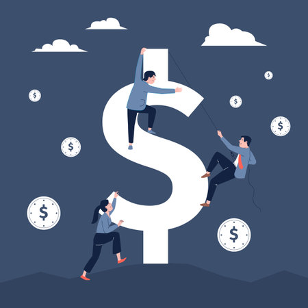 Businessman in suit climbing to dollar. Young entrepreneurs earnings, climb to financial goal. Corporate struggling or competition, motivation recent vector sceneのイラスト素材