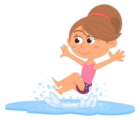 Girl jumping into water. Summer beach fun. Cartoon kidのイラスト素材