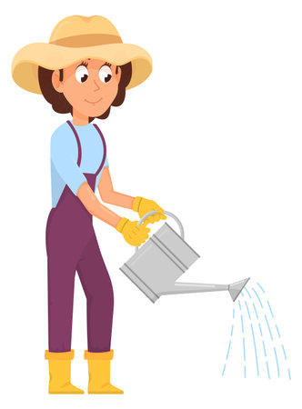 Gardener with watering can. Cartoon female farmer characterのイラスト素材