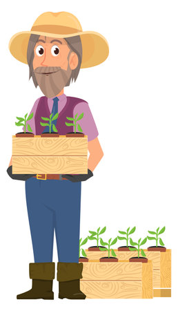 Farmer hold seedling boxes. Gardener with growing plants. Agricultural workerのイラスト素材