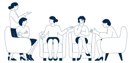 Friends meeting. People sit on armchairs. Women talkのイラスト素材